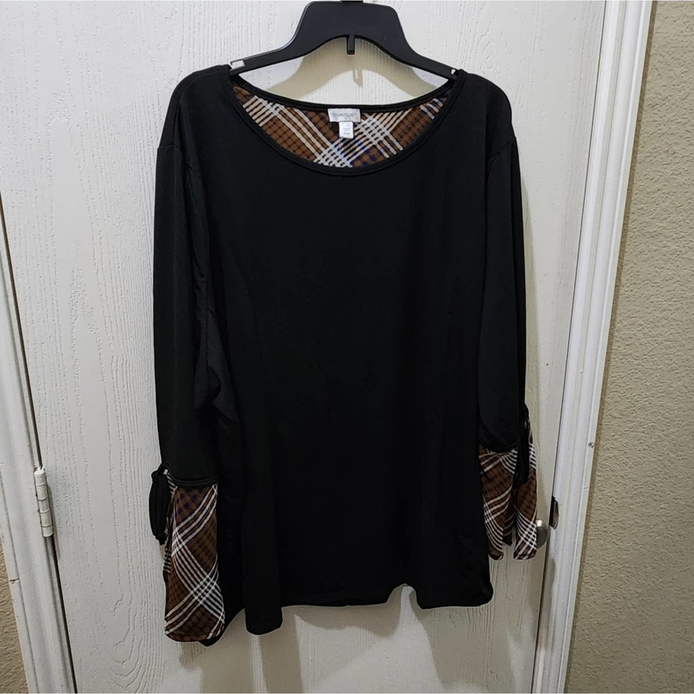 Avenue plaid trimmed tied bell sleeve shirt size 30 32 5X‎ new